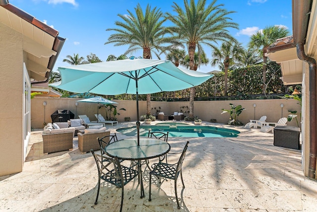 view of swimming pool featuring area for grilling, an outdoor hangout area, and a patio area