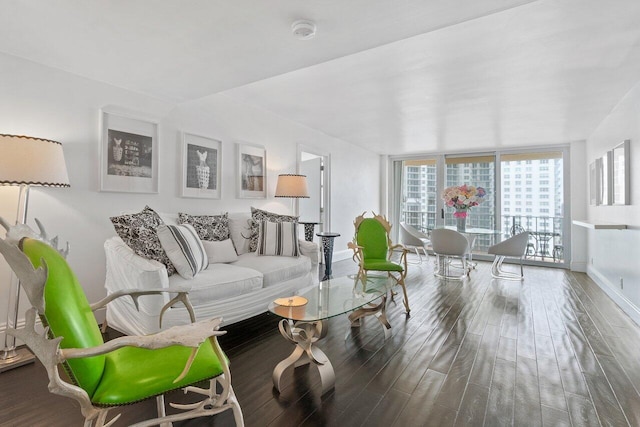 living room featuring wood-type flooring and floor to ceiling windows