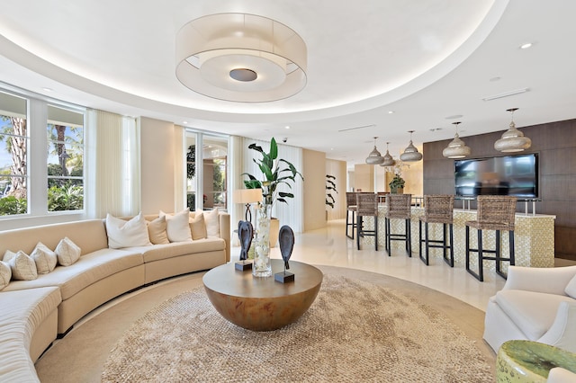 living room featuring a tray ceiling