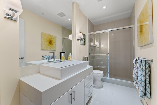 bathroom featuring visible vents, toilet, vanity, tile patterned flooring, and a stall shower
