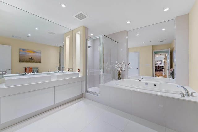 full bath with a garden tub, a shower stall, tile patterned flooring, visible vents, and recessed lighting