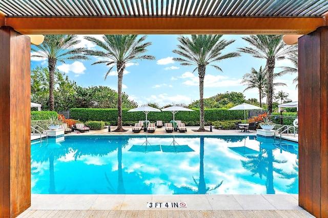 view of swimming pool featuring a patio, a fenced in pool, and fence
