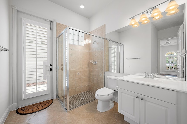 full bath featuring toilet, a stall shower, tile patterned floors, and vanity