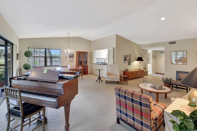 misc room with lofted ceiling, sink, light carpet, and a chandelier