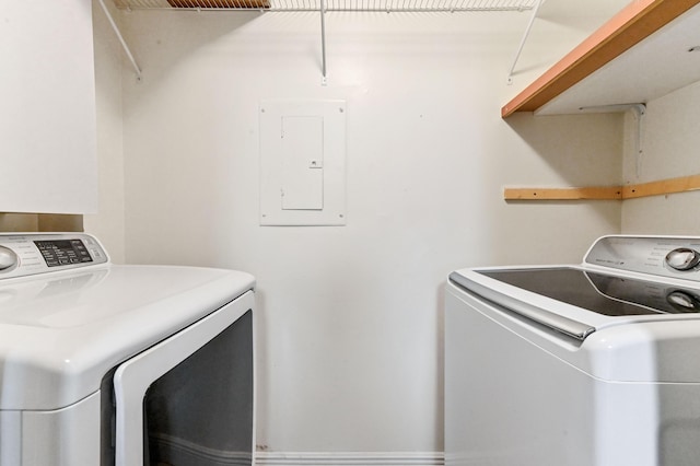 laundry area with electric panel and independent washer and dryer