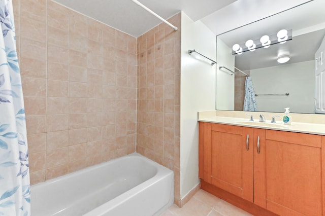 bathroom with tile patterned floors, vanity, and shower / bath combo