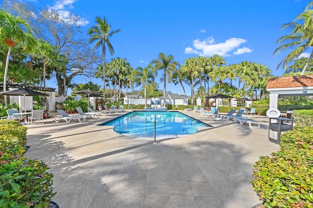 view of swimming pool with a pergola, a patio, and a gazebo