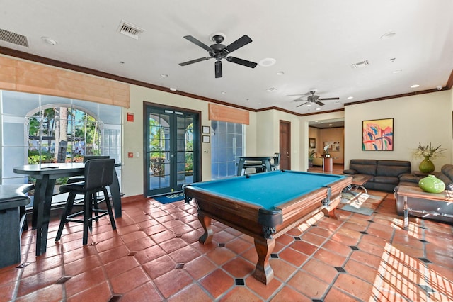 rec room with crown molding, billiards, and french doors