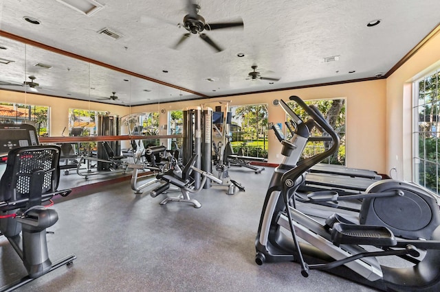 gym featuring ceiling fan, crown molding, and a textured ceiling