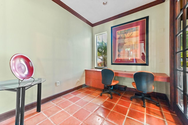 office space with crown molding and tile patterned floors