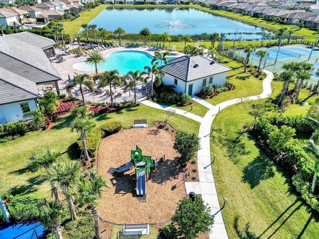 aerial view featuring a water view and a residential view