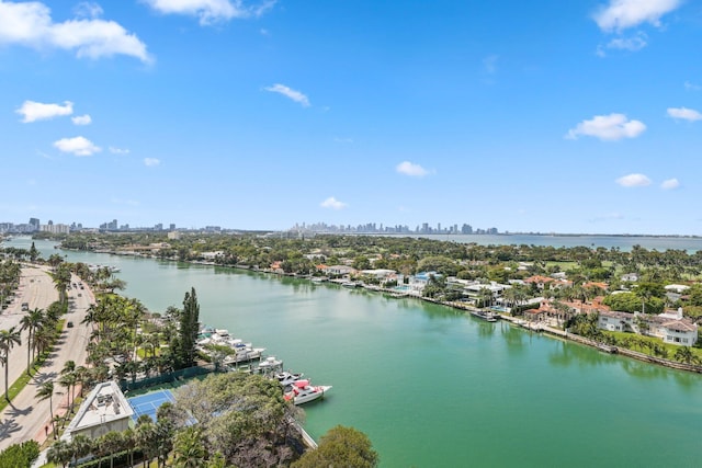 aerial view featuring a city view and a water view