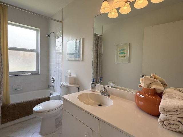 full bathroom with tile patterned flooring, vanity, shower / tub combo, and toilet