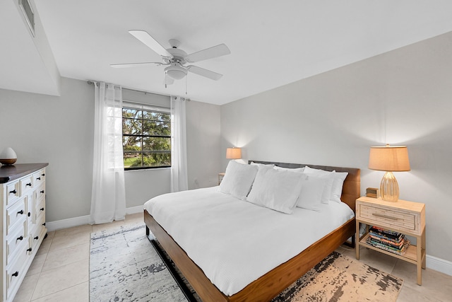 bedroom with a ceiling fan, visible vents, baseboards, and light tile patterned floors