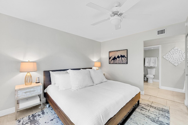 bedroom with visible vents, ceiling fan, baseboards, and light tile patterned floors