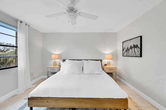 bedroom with ceiling fan and baseboards