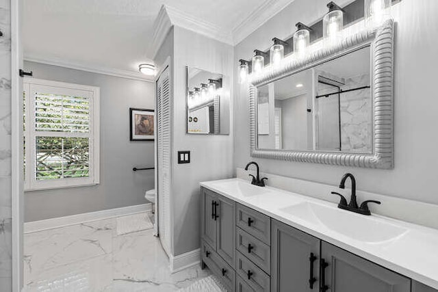 bathroom with crown molding, vanity, and toilet