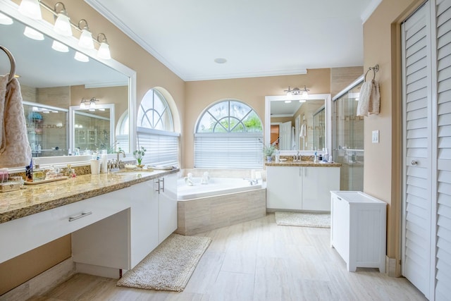 bathroom featuring ornamental molding, separate shower and tub, and vanity