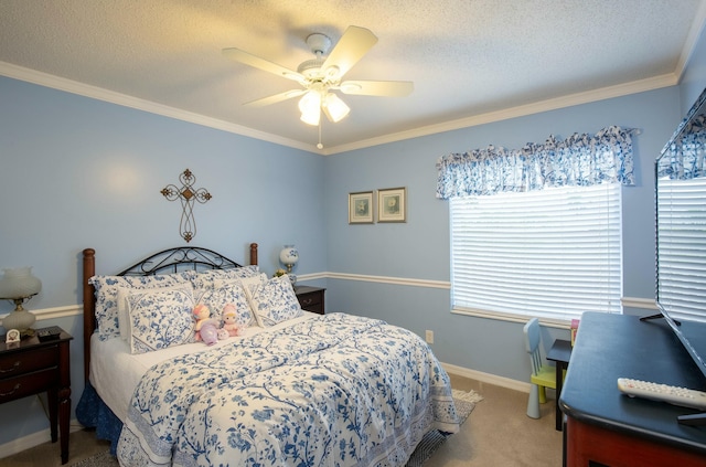 bedroom featuring ornamental molding, carpet flooring, ceiling fan, and a textured ceiling