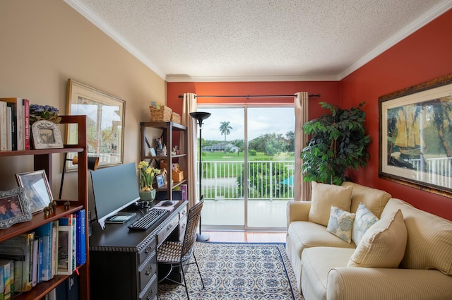 home office featuring crown molding, hardwood / wood-style floors, and a textured ceiling