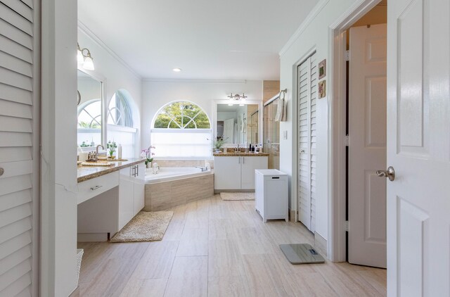 bathroom featuring an enclosed shower, crown molding, tile patterned floors, and vanity