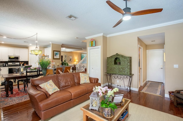 living room with ornamental molding, a textured ceiling, and dark hardwood / wood-style flooring