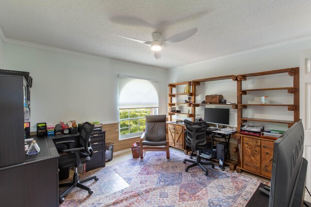 living room with crown molding, dark wood-type flooring, a textured ceiling, and ceiling fan