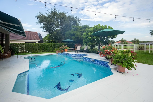 view of swimming pool featuring a patio area