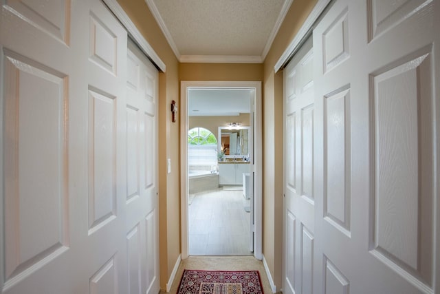 hall featuring ornamental molding and a textured ceiling