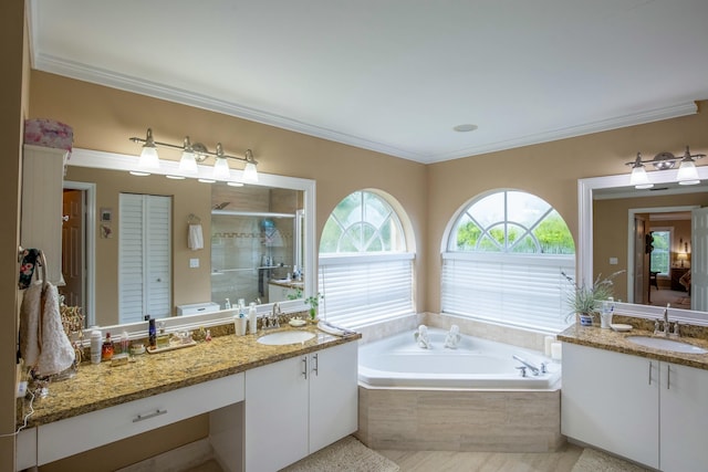 bathroom with vanity, crown molding, and walk in shower