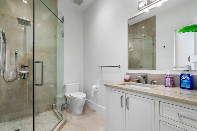 full bathroom with a stall shower, vanity, and toilet