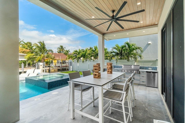 view of patio with outdoor dining area, a fenced backyard, ceiling fan, and area for grilling