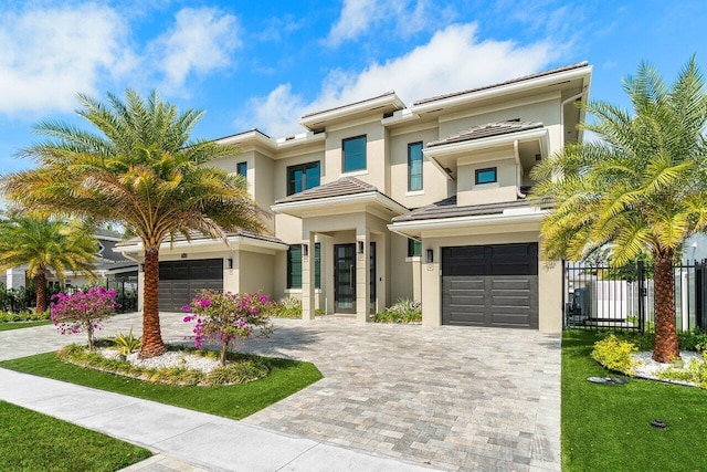 prairie-style home featuring an attached garage, fence, decorative driveway, and stucco siding