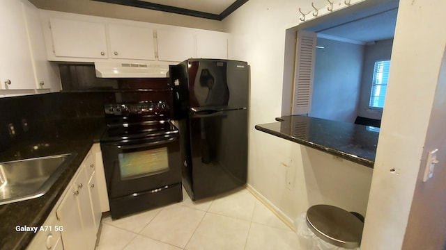 kitchen with white cabinetry, crown molding, and black appliances