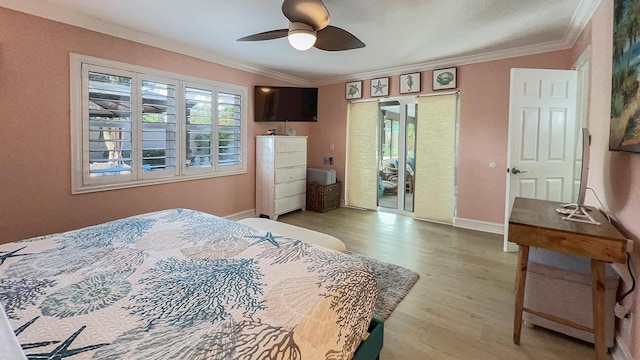 bedroom with crown molding, access to outside, ceiling fan, and light hardwood / wood-style flooring