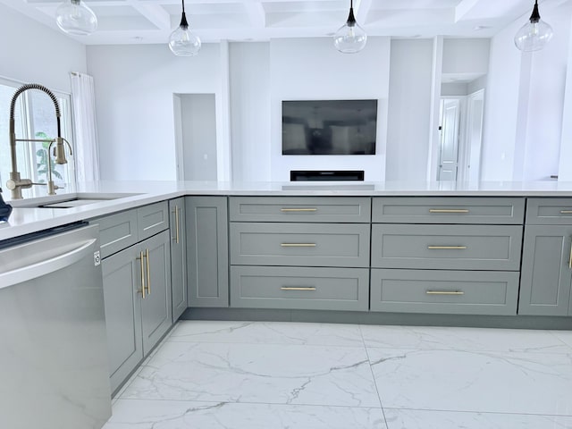 kitchen with stainless steel dishwasher, gray cabinetry, light countertops, a sink, and marble finish floor