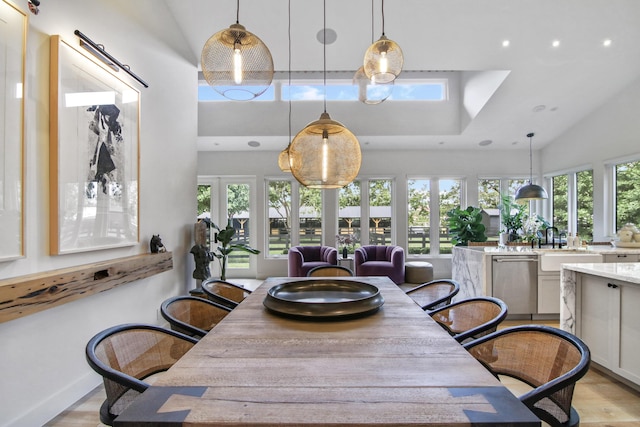 dining area featuring lofted ceiling and light wood-style floors