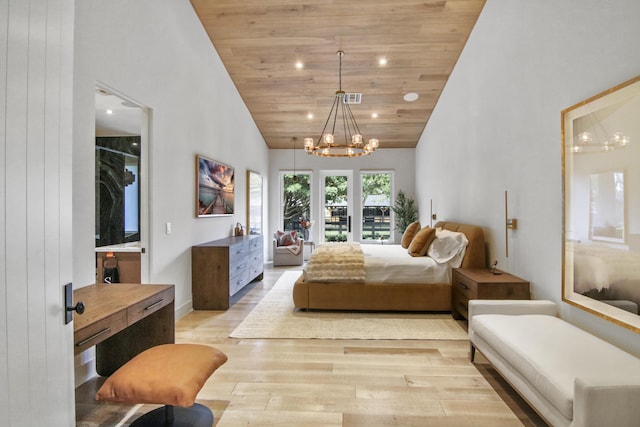 bedroom featuring a chandelier, high vaulted ceiling, light wood-style flooring, visible vents, and wood ceiling