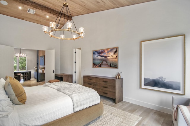 bedroom with visible vents, an inviting chandelier, light wood-style floors, wood ceiling, and baseboards