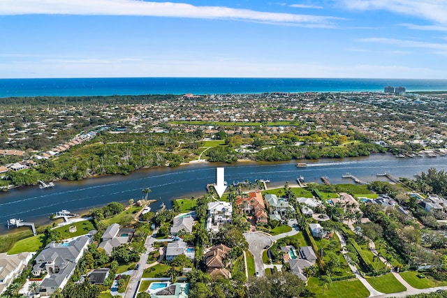 bird's eye view with a water view