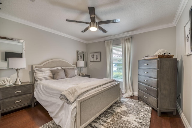 bedroom with crown molding, dark wood-type flooring, a textured ceiling, and ceiling fan