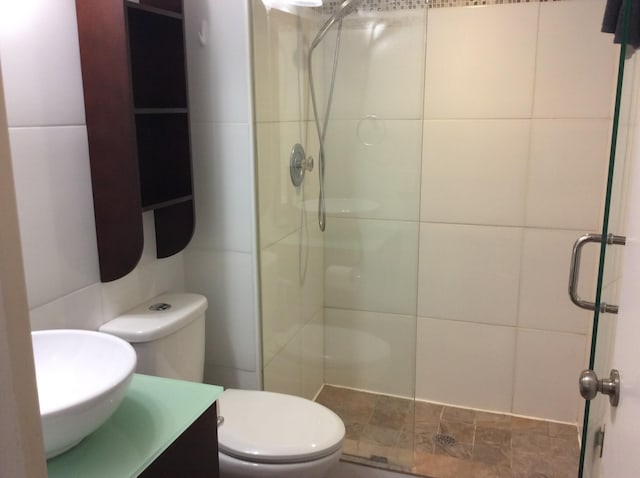 bathroom featuring a shower stall, toilet, and vanity