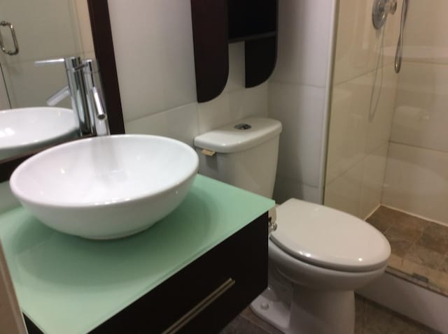 full bathroom featuring vanity, toilet, and a stall shower