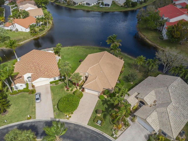 bird's eye view with a water view