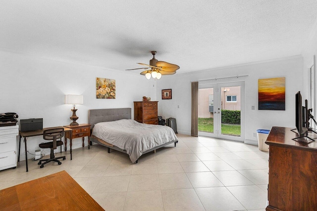 bedroom featuring access to exterior, light tile patterned flooring, crown molding, and a textured ceiling