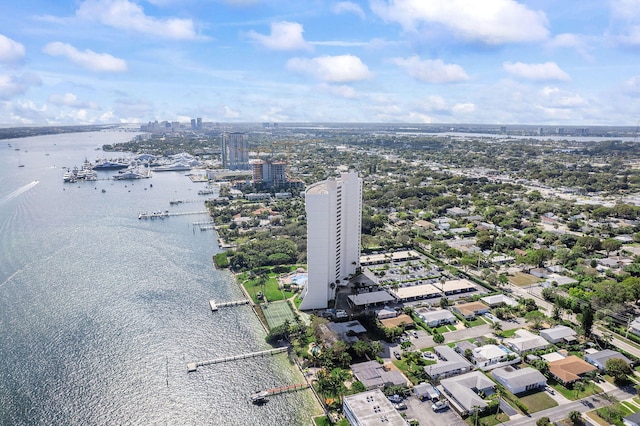 bird's eye view with a water view