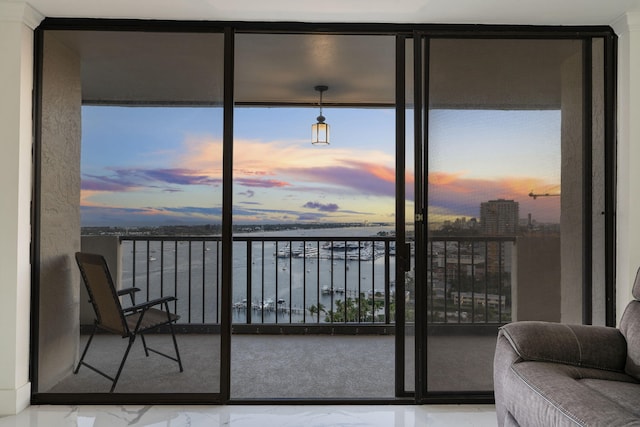 balcony at dusk with a water view