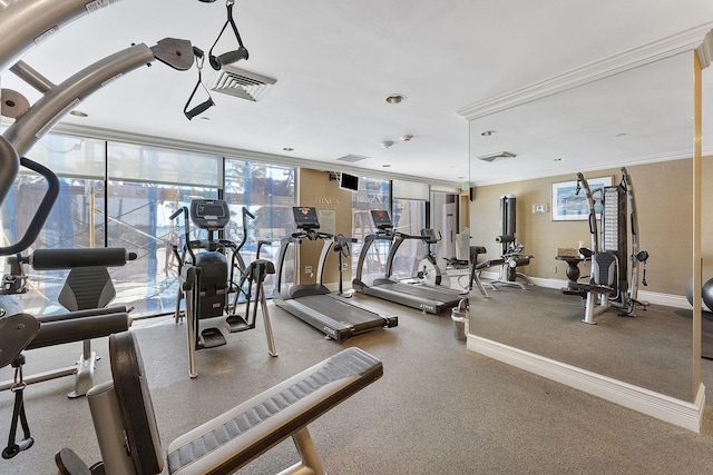 workout area featuring a wall of windows and ornamental molding