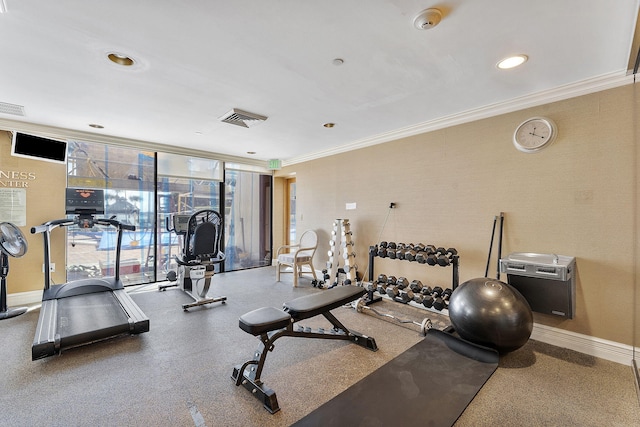 workout area with ornamental molding and floor to ceiling windows