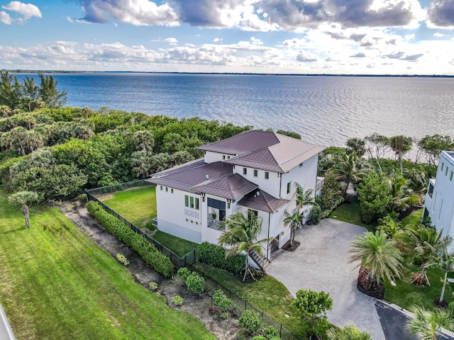 drone / aerial view featuring a water view